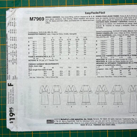 McCalls M7969 Boho Farmhouse Dress Sewing Pattern Sizes XSM-SML-MED New Uncut! - Picture 4 of 5
